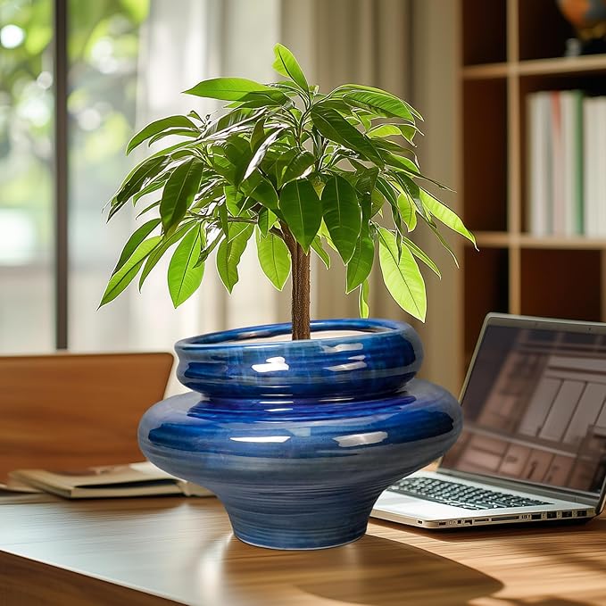 Teagas Ceramic Pots for Plants - 11 Inch Ceramic Planter for Indoor Outdoor, Unique Planters with Drainage Hole, Decorative Flower Pot, House Office Garden Decor, Plants Lover Gifts, Blue