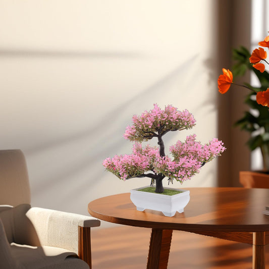 SHINEOFI Artificial Bonsai Tree Small Desk Plants Pink Faux Bonsai Imitation Cherry Blossom Potted Plant for Home Office Desk Shelf Decor