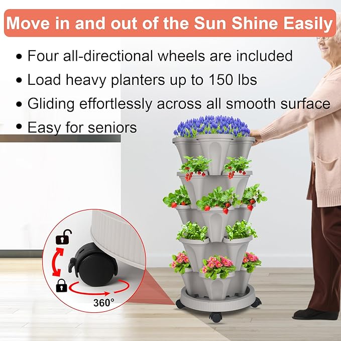 DUNCHATY Stackable Planter, Vertical Garden Planter with Wheels and Garden Tools, Strawberry Planter Indoor/Outdoor 5 Tier Herb Planter Pots for Growing Vegetables and Succulents,Gray