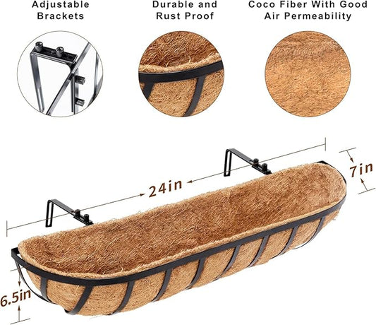 Y&M 24in Window Planter Box 2Pcs Iron Window Deck Railing Fence Planter with Coco Liner for Outdoor Balcony Rail Fence Porch Patio