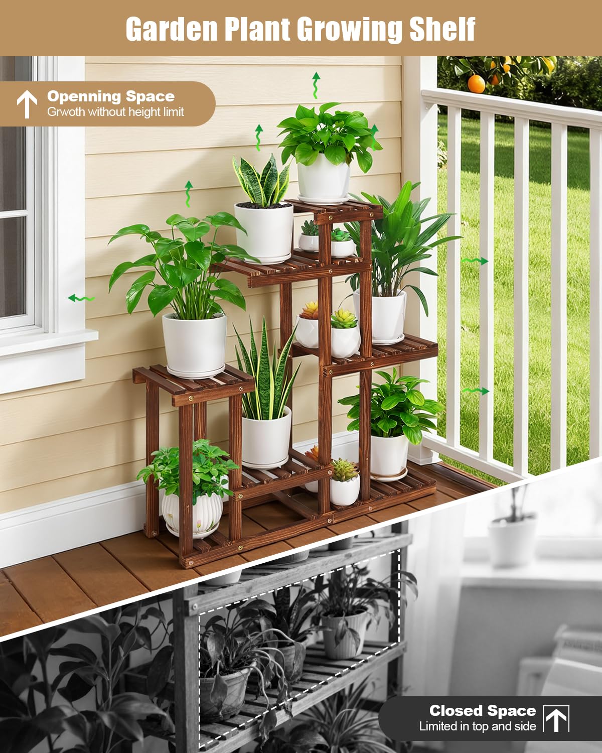 OcBuct 6-Tier Wood Plant Stand Indoor Outdoor Multi Tier Plant Shelf Narrow