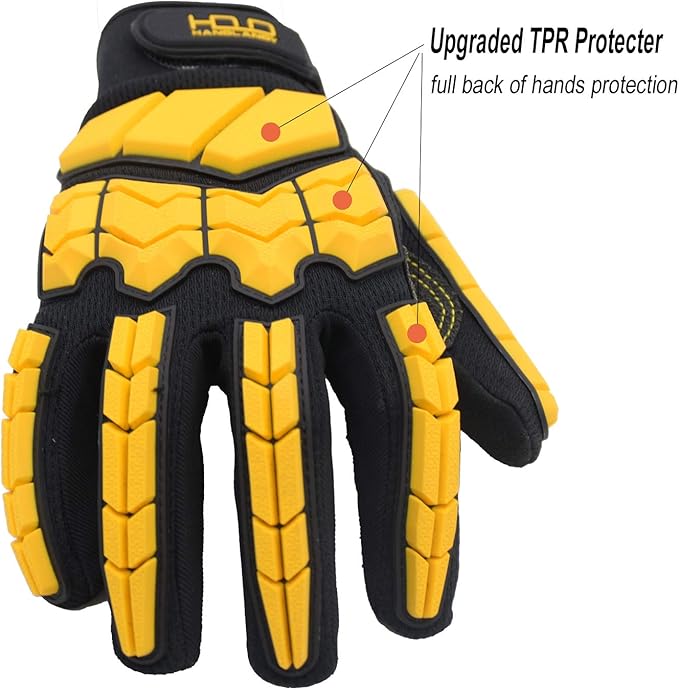 HANDLANDY Anti Vibration Gloves, SBR Padding, TPR Protector, Mechanic Work Gloves (Large, Black)
