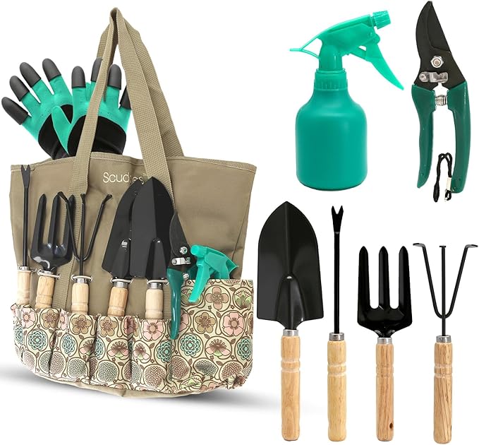 Scuddles Heavy Duty Garden Tool Set with Tote Bag – Stainless Steel Gardening Hand Tools with Non-Slip Rubber Handles, Gloves with Claws, and Organizer Storage Bag for Planting, Pruning & Weeding