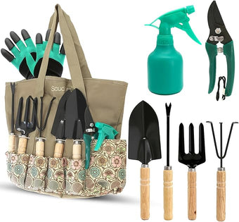 Scuddles Heavy Duty Garden Tool Set with Tote Bag – Stainless Steel Gardening Hand Tools with Non-Slip Rubber Handles, Gloves with Claws, and Organizer Storage Bag for Planting, Pruning & Weeding