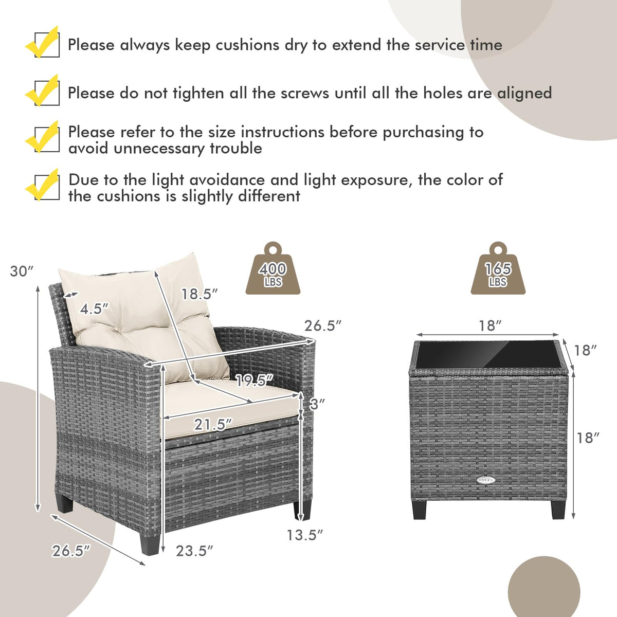 Tangkula 3 Pieces Patio Furniture Set, PE Rattan Wicker 3 Pcs Outdoor Sofa Set w/Washable Cushion and Tempered Glass Tabletop, Conversation Furniture for Garden Poolside Balcony (Mix Grey-White)