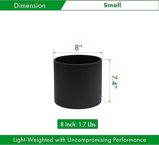 D'vine Dev 8 Inch Plastic Planter Pots for Plant Pot with Drainage Hole and Seamless Saucers, Black Color, 74-X-B-1