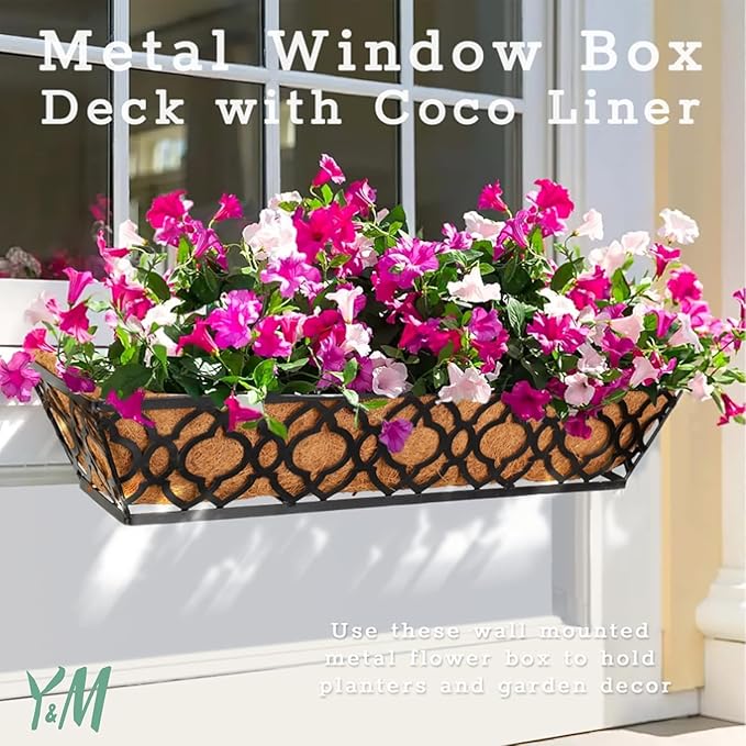 Y&M 24 Inch Window Deck with Coco Liner, Fence Metal Hanging Flower Planter Window Basket Deck Railing Planter Boxes for Outdoor Garden Lawn,6pcs
