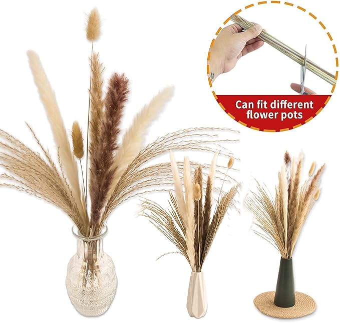 65PCS Pampas Grass Decor, Including pompas Floral, Reed Dried Grass and Bunny Tails Dried Flowers, Natural Dried Pampas Grass Bouquet for Boho Decor Wedding, Home Decoration