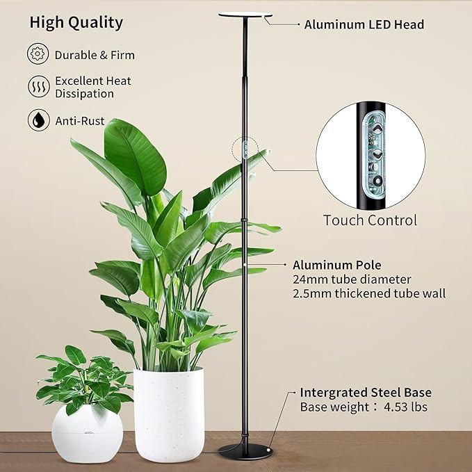 chiphy Grow Lights, 60W Full Spectrum Tall Plant Light for Indoor Plants, 10 Dimmable Brightness, Height Adjustable, Ideal for Large Tall Plants