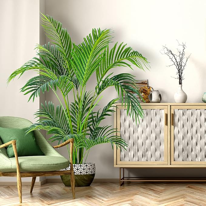 Worth Garden 4ft Artificial Areca Palm Plant, Fake Cane Palm Silk Tree Indoor Outdoor, Dypsis Lutescens, 47in Realistic Faux Silk Plants for Office Decoration