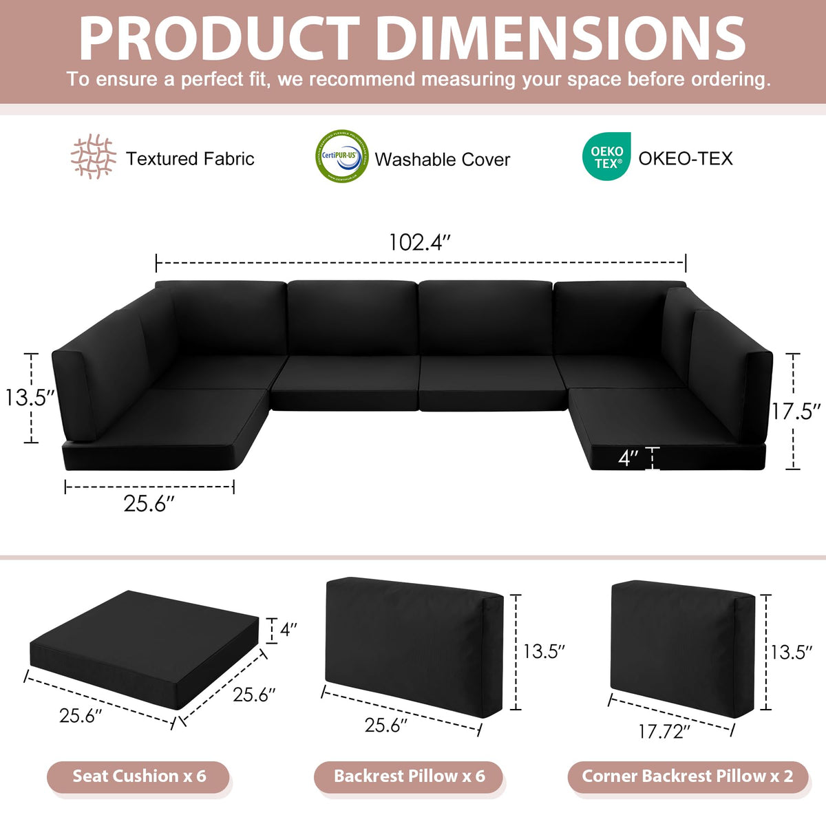 MuaMelop 14-Piece Patio Furniture Cushions Set, Replacement Outdoor Cushions for 6-Seat Patio Sectional, Waterproof & Fade Resistant Deep Seat Cushion for Outdoor Sofa, Black