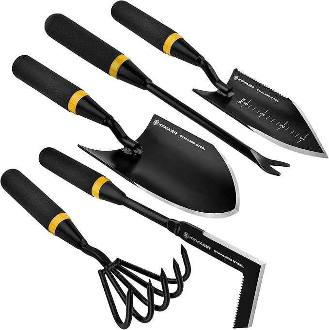 Garden Tool Set - Featuring a Heavy-Duty Stainless Steel Hand Cultivator, Transplant Shovel, Trowel, Crack Weeder, and Dandelion Weeder - The Ultimate, Unbreakable Gardening Gift