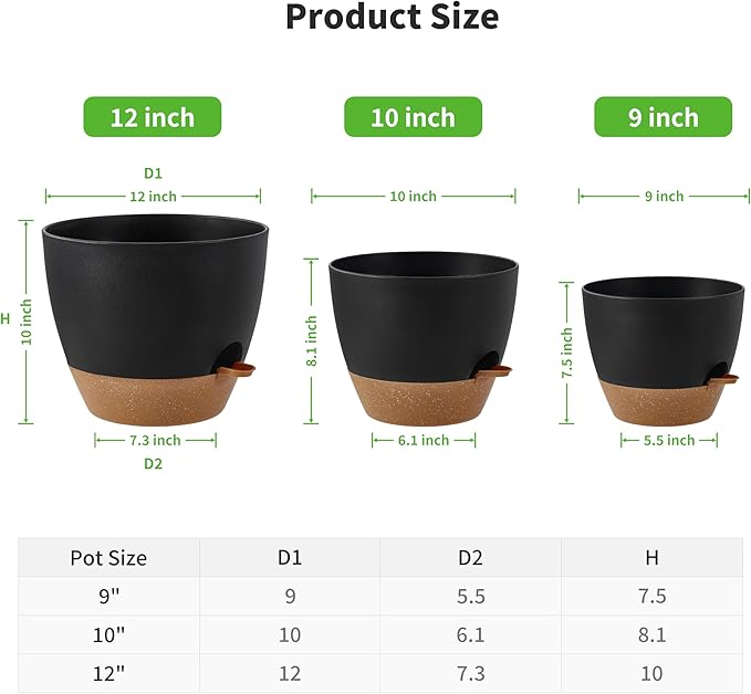 FaithLand 3-Pack Large Planter Pots, 12 10 9 Inch Self Watering Flower Pots for Indoor Outdoor Garden Plants, Black with Brown