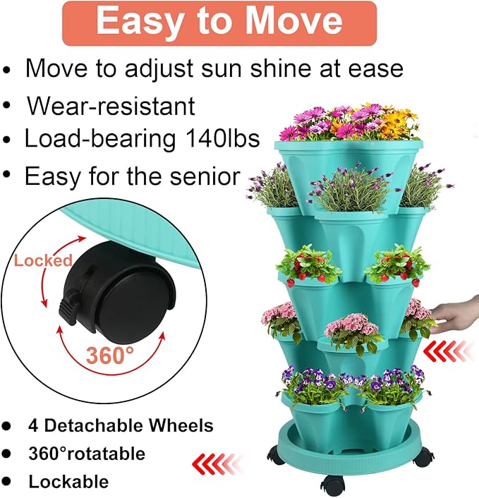 DUNCHATY Stackable Vertical Garden Planter with Wheels, 5 Tier Herb Planter Pots for Growing Vegetables and Succulents, Teal