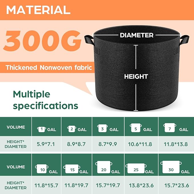 Jorvila 10 Pack 1 Gallon Grow Bags, Thickened Nonwoven Fabric Planter Pots with Handles, Heavy Duty 300G Garden Pots for Tomato, Potato and Vegetable