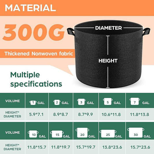 Jorvila 10 Pack 10 Gallon Grow Bags, Thickened Nonwoven Fabric Planter Pots with Handles, Heavy Duty 300G Garden Pots for Tomato, Potato and Vegetable