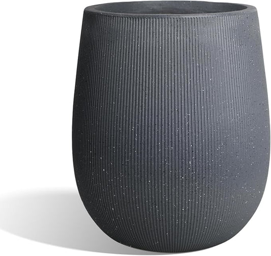 Worth Garden Dark Gray Round Planter, 9" Dia x 13" H Lightweight Magnesium Oxide Cement Plant Pot with a Striped Textured Finish, Raised Pattern Concrete Look, Drainage Hole, Indoor & Outdoor Use