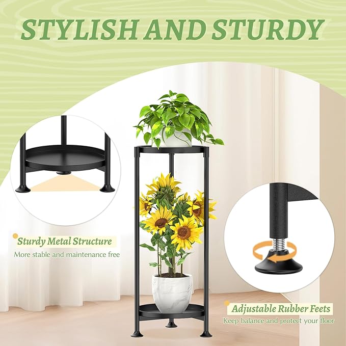 KMOTASUO 2 Tier Plant Stand Indoor for Large Tall Heavy Duty Planter, Multiple Sturdy Metal Flower Corner Rack for Narrow House Floor, Iron Vertical Level Round Orchi Holder Organizer, Black