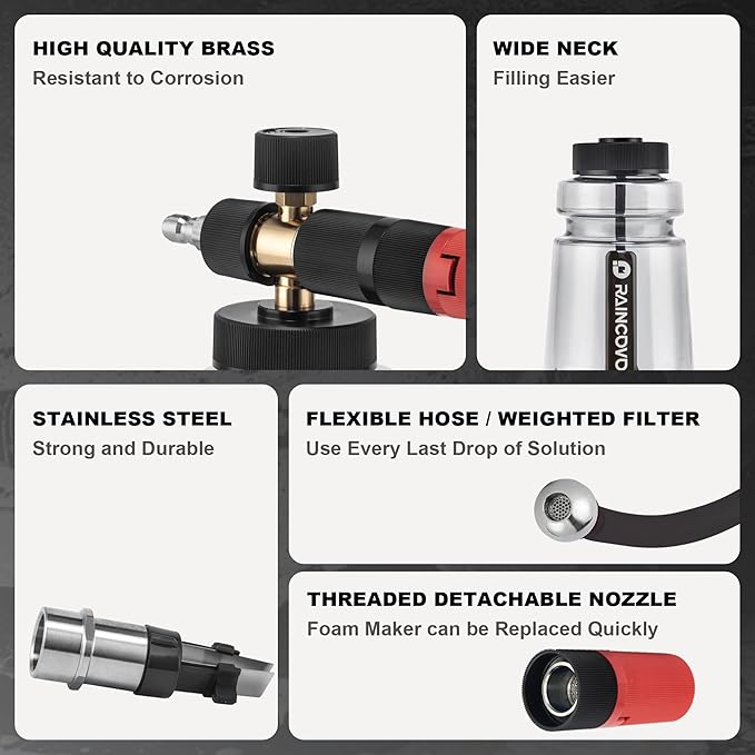 Foam Cannon Wide Mouth for Pressure Washer, Thick Snow Foam Lance for Car Wash, Adjustable Soap Cannon with 1/4 Inch Quick Connector, Additional 1.1mm Orifice Nozzle