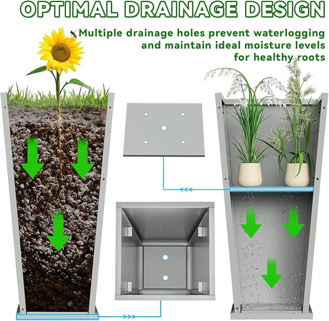 POOAMY Metal Planter 2 Pack, 15L x 15W x 30H, Heavy Duty Tall Planters for Outdoor Plants, Planters with Removable Insert Shelf, Large Planters with Drainage Holes for Porch, Patio, Grey