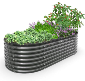 A ANLEOLIFE 8X4X2 ft Galvanized Raised Garden Beds Outdoor, Oval Large Metal Deep Root Planter Box for Planting Vegetables Flowers Herb, Anti-Rust & Easy-Setup, Quartz Grey
