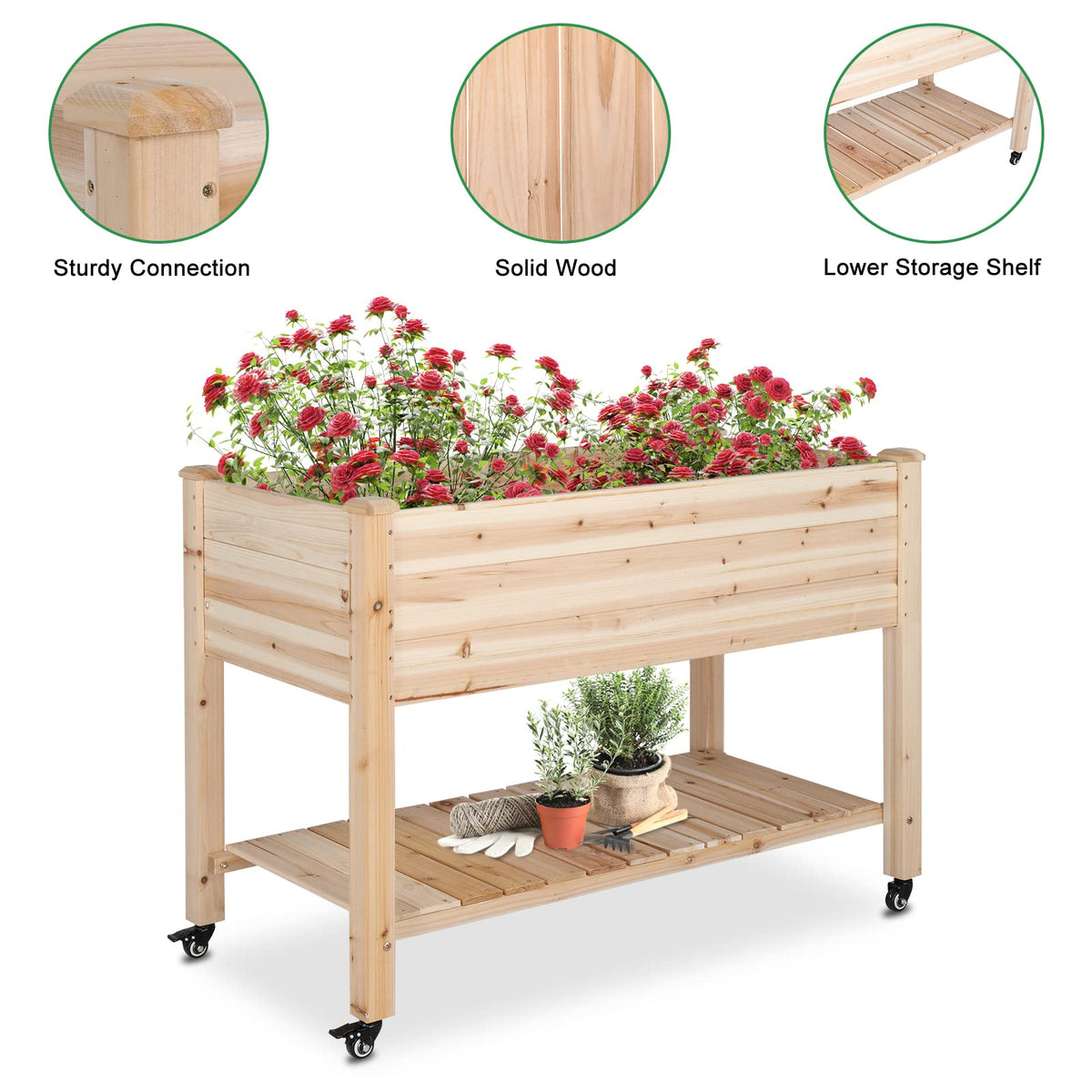 VINGLI 45.7"x22.4"x32.4" Elevated Raised Garden Bed Outdoor, Heavy Duty Wood Planter Box with Legs, Bed Liner Included, for Vegetables, Fruits, Sturdy Long Lasting Planter Box (Nuture - with Wheel)