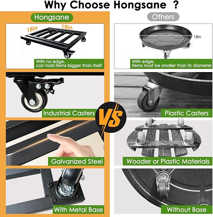 Hongsane 18" Square Plant Stand with Wheels Heavy Duty,Large Metal Plant Caddy Indoor Outdoor Use,Rolling Plant Dolly with Industrial Casters,Rust-Proof Black Plant Tray for Large Planters Pots,1-Pack