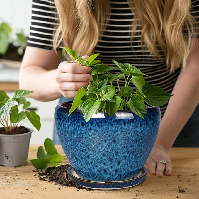 10 Inch Ceramic Planter Pot, Ceramic Plant Pot for Indoor Outdoor Plants, Large Flower Pot with Drainage Hole and Saucer, Blue
