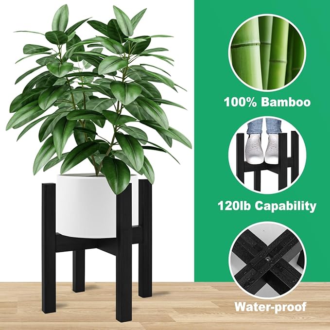 Adjustable Plant Stand Indoor,Bamboo Mid Century Modern Plants Stands, Stable Plant Holder,Fit 8 9 10 11 12 inch Pots (Pot & Plant Not Included)(Black)