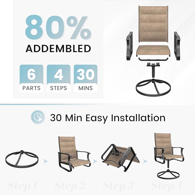 Patio Swivel Chairs Set of 2, Outdoor Dining Chairs with High Back, 360° Swivel Rocker Chair in All-Weather Padded Textilene & Metal Frame for Garden, Porch, Backyard, Balcony(Padded Brown)