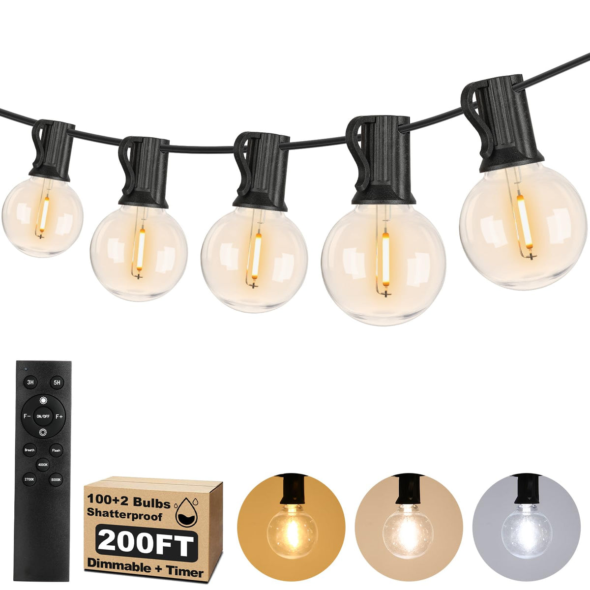 200FT LED Outdoor String Lights with Dimmable 3 Color Lights with Remote
