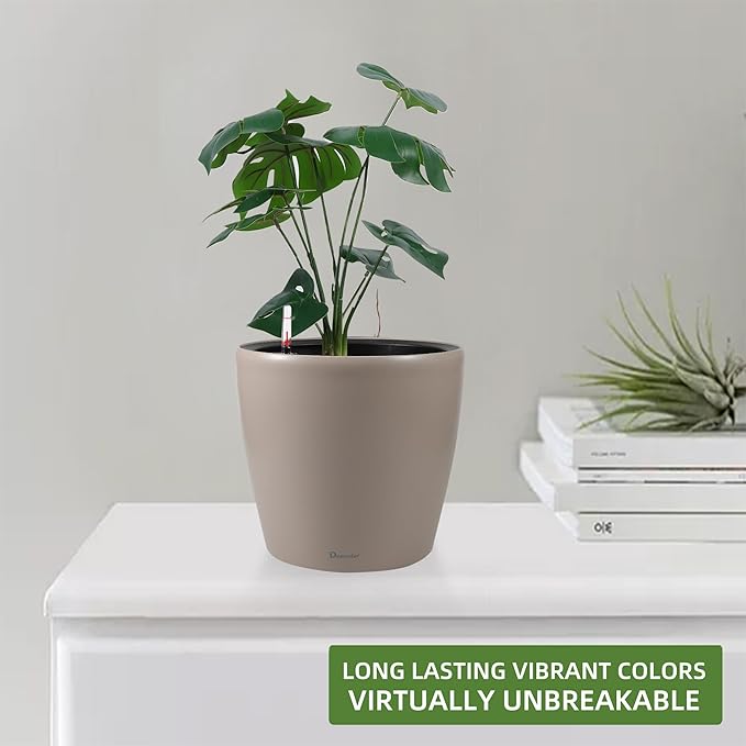 Dexceder 9x8 Inches Self Watering Planter Indoor Outdoor, Inner Pot Design, Thickened Table Flower Plant Pot with Water Level Indicator (Taupe Matte)