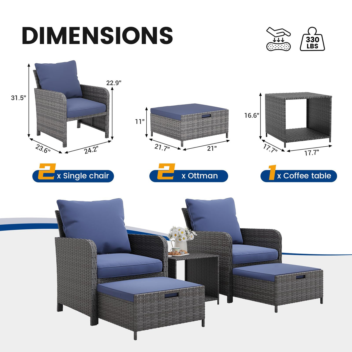 UDPATIO Wicker Patio Chairs with Ottoman Balcony Furniture 5 Pieces Patio Conversation Set for Small Space