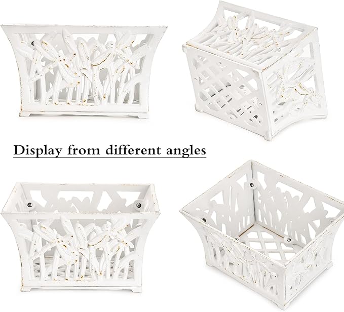 Sungmor Heavy Duty Cast Iron Planter Basket w/Non-Woven Growing Bag, Unique Shape & Beautiful Pattern Design, Hollow Orchid Flower Pot Garden Tools Holder, Rust White French Country Decor Container