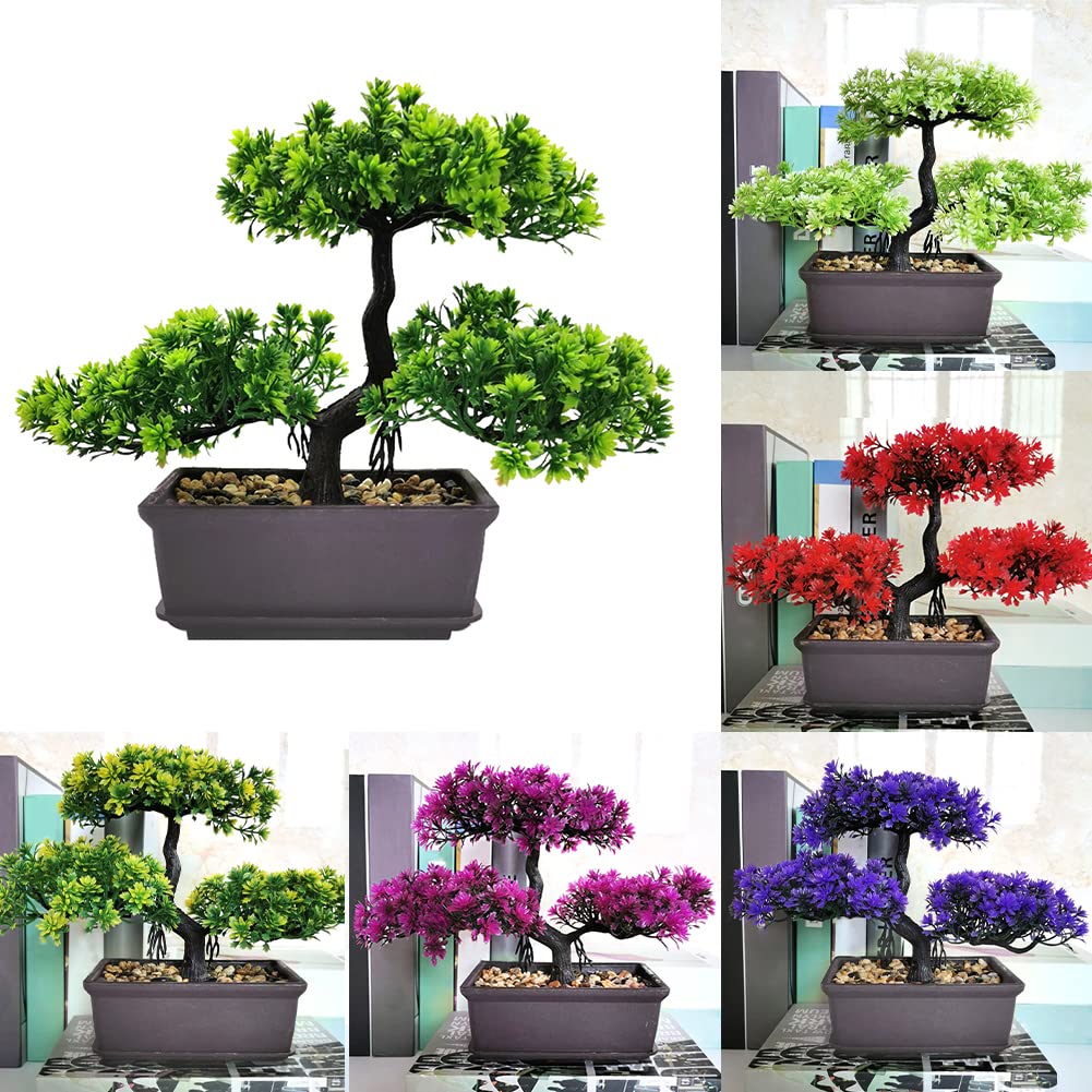 Meluvora 8.66" Artificial Bonsai Tree with Textured Trunk, Broad Canopy and Pebble Base for Bathroom Desk Shelf, Japanese and Zen Decor(Red)