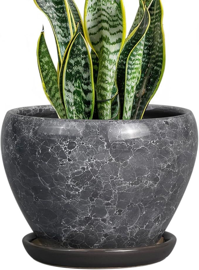 8 Inch Plant Pot - Ceramic Planter Pot with Drainage Hole and Saucer, Glaze Garden Pot Modern Flower Pot for Indoor Plants, Gray