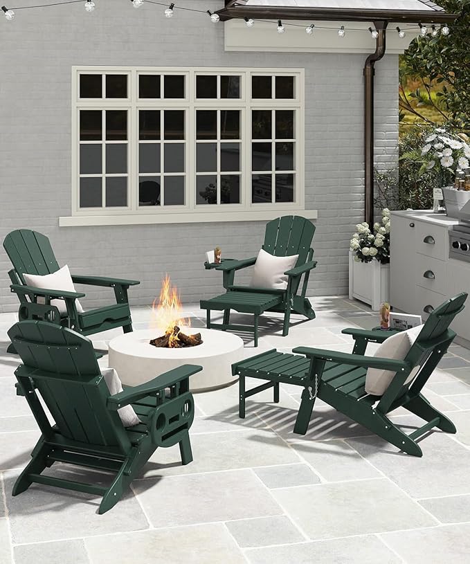 Adjustable Adirondack Chair with Retractable Ottoman Set of 4, HDPE Folding Adirondack Chair with Cup Holder, All Weather Fire Pit Chair for Outdoor, Dark Green