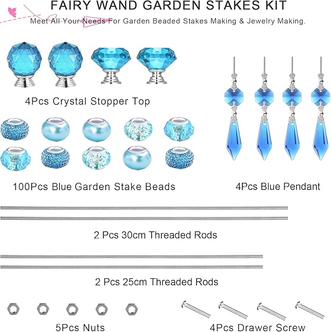 121 Pcs DIY Fairy Wand Beaded Garden Stakes Kit, Fairy Wands Garden Kit Blue Large Hole Bead with Sparkling Pendants Crystal Stopper Top Threaded Rod Beaded Garden Stakes Supplies Outdoor Decorative