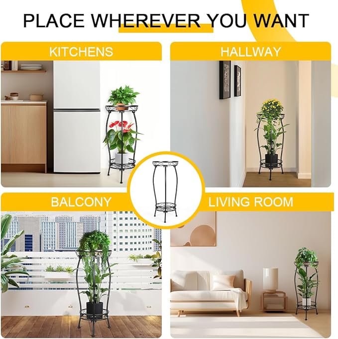 Gynyinly 2 Tier Rustproof Iron Plant Stand - Heavy Duty Outdoor Plant Stands For Patio, Balcony Or Garden Or Planter Corner - Plant Stand Indoor (Black)
