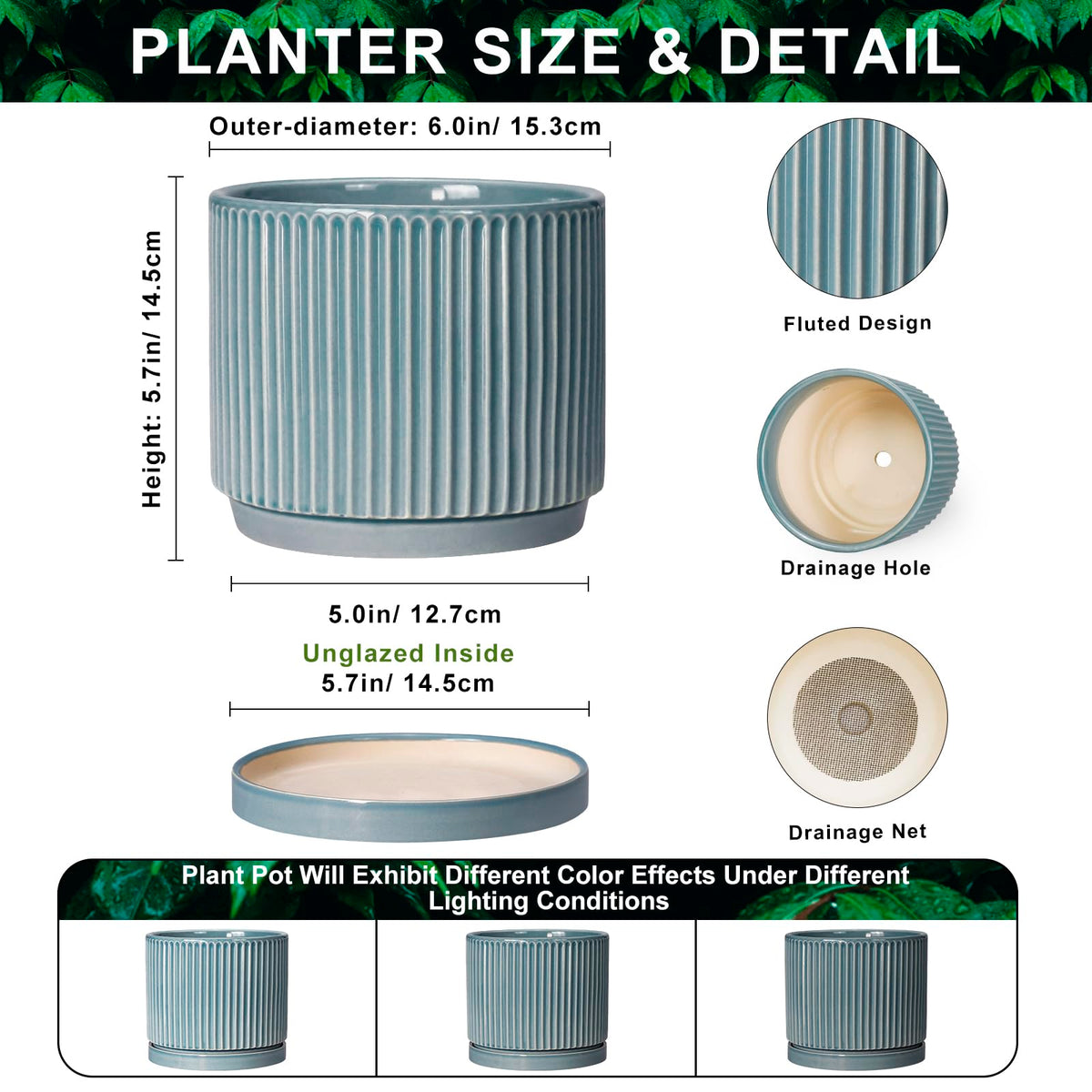 Wliror 6 Inch Flower Pots, Ceramic Pots for Plants with Tray, Glaze Blue