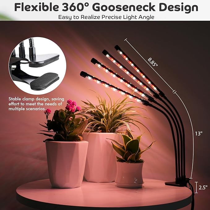 Shyineyou Grow Lights for Indoor Plants, 80LEDs Clip Plant Lights for Indoor Growing, Full Spectrum LED Plant Growing Lamps with Flexible Gooseneck 3 9 12Hrs Timer, 9 Dimmable Levels