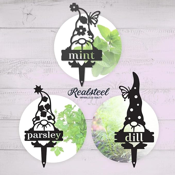 RealSteel Brand, Gnome Plant Markers for Outdoors, Garden Labels Metal Stake, Plant Tags, Garden Sign for Vegetables, Outdoor Decorations, Yard and Gardening Gift - Kale