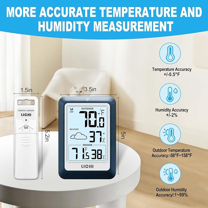 Indoor Outdoor Thermometer Wireless Weather Station, Internal External Thermometer Hygrometer, Home Batteryoperated Temperature Humiditymonitors330 Feet (About 100 Meters) Backlight Display (Blue)