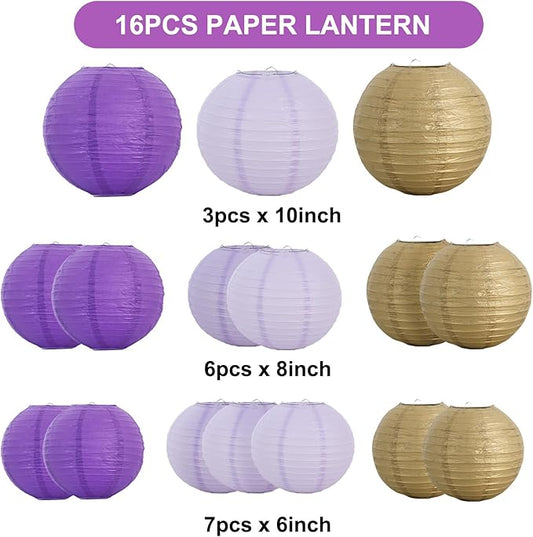 BEISHIDA 16 Pcs Purple Gold Paper Lanterns,Hanging Decorative Chinese Japanese Round Paper Lantern Lamp for Graduation Bachelorette Birthday Party Decoration