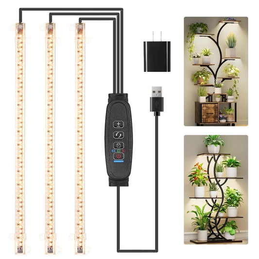 RWNTAO 13 Inches LED Grow Light Strips for Plant Shelf, 3500K Full Spectrum Plant Growing Lights for Indoor Plants, 144 LEDs Planting Lamp with 10 Dimmable Levels and 3/9/12H Timer, 3 Head
