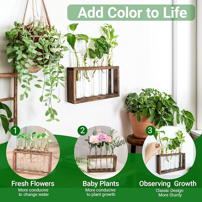 Propagation Station, Plants Terrarium, Plants Lover Gifts for Women,Plant Cutting Holder Home décor,Gifts for Women,House Warming New Home-5 Tubes-Brown