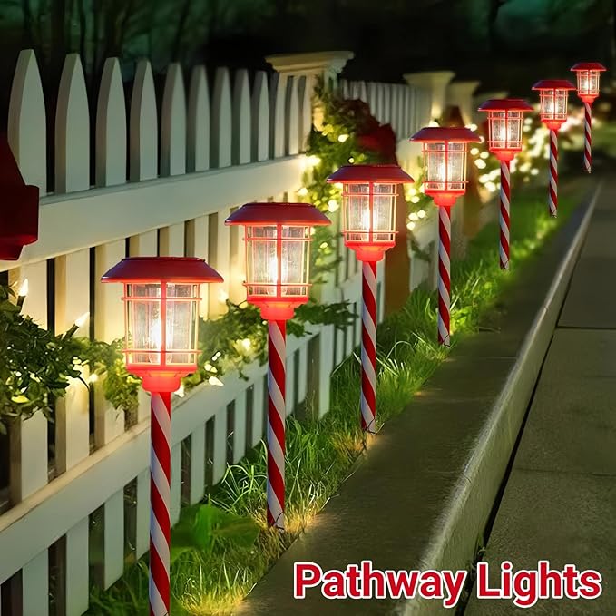 Dynaming 6 Pack Dual Use Solar Christmas Path Lights Outdoor, Hanging Lantern Solar Garden Light with Edison Bulb, Xmas Pathway Markers, Auto On/Off Candy Cane Lights for Patio Yard Walkway Driveway