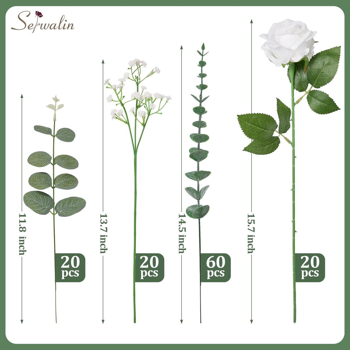 Serwalin 120 Pcs Mixed Eucalyptus Greenery Stems, White Roses, Babys Breath