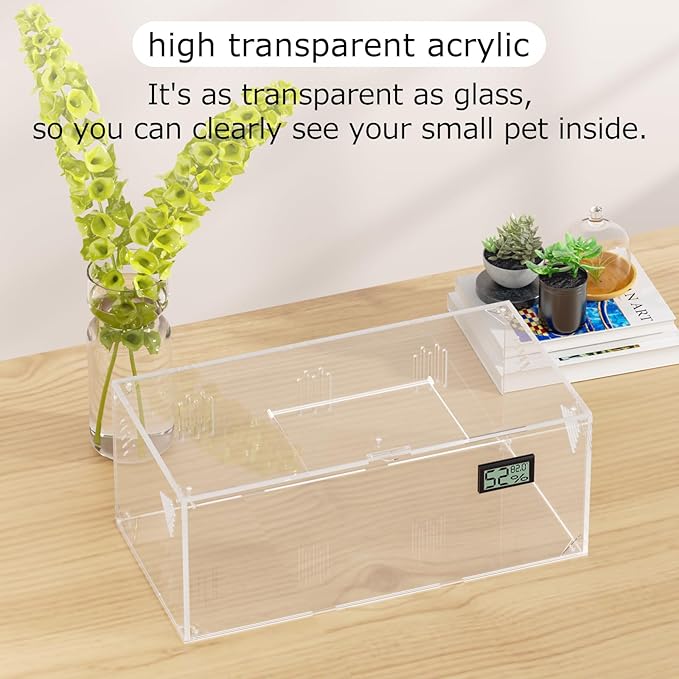 Giznzg Acrylic Tarantula Enclosure, Reptile Terrarium Breeding Tank w/Temperature Hygrometer,Habitat Reptiles Feeding Box Isopod Terrarium Cage for Insect Lizard Home Office (Reptile-Tank-S(No Tray))