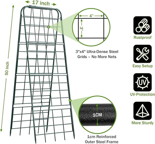Heavy Duty 50"x17" Adjustable A-Frame Trellis for Climbing Plants – Rust-Proof Metal Garden Trellis with Dense Grid Design, Perfect for Raised Beds, Tomatoes, Cucumbers & Outdoor Vines (Green, 2 Pcs)